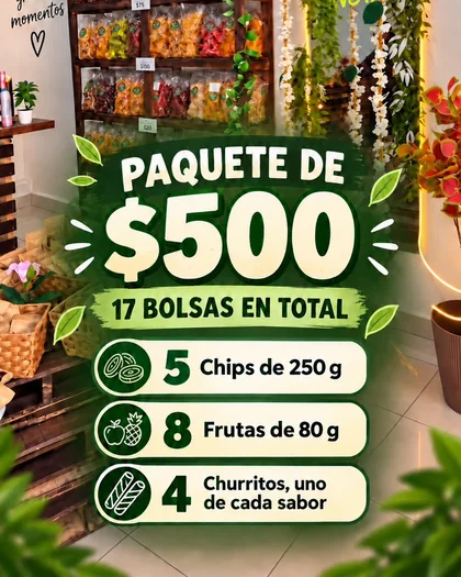 Flyer de AvoTree: Paquete de $500, 17 bolsas en total: 5 chips de 250 g, 8 frutas de 80 g y 4 churritos, uno de cada sabor