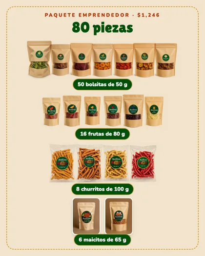 Paquete emprendedor armado: 50 bolsitas de chips de 50 g, 16 frutas de 80 g, 8 churritos y 6 maicitos